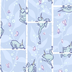Cute Frogs and Butterflies in Periwinkle Blue and Aqua M