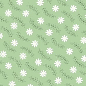 Retro Vintage Mid Century Modern Green White Flower Pattern