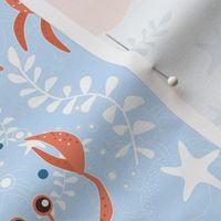 Marine pattern with crabs, starfish and seaweed. Coral, blue, white background.