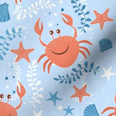 Marine pattern with crabs, starfish and seaweed. Coral, blue, white background.