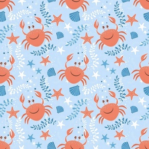 Marine pattern with crabs, starfish and seaweed. Coral, blue, white background.