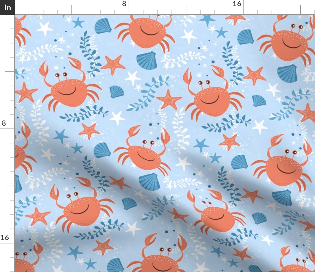 Marine pattern with crabs, starfish and seaweed. Coral, blue, white background.