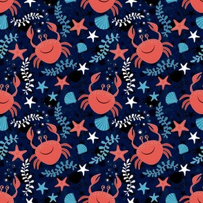 Marine pattern with crabs, starfish and seaweed. Red, blue, white background.