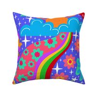 (L) Psychedelic groovy floral trippy party wall on blue 