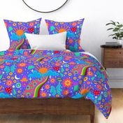 (L) Psychedelic groovy floral trippy party wall on blue 