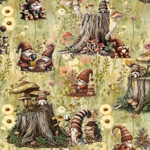 FOREST GNOMES COFFEE PARTY YELLOW GREEN FLWRHT