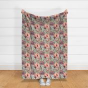 Coral, brown poppies on a gray background. Retro floral pattern.