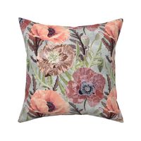 Coral, brown poppies on a gray background. Retro floral pattern.