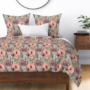 Coral, brown poppies on a gray background. Retro floral pattern.