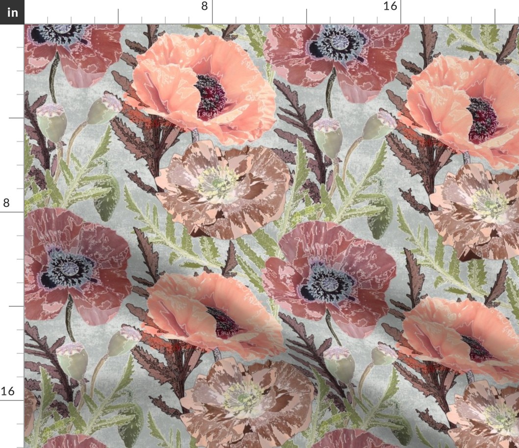 Coral, brown poppies on a gray background. Retro floral pattern.