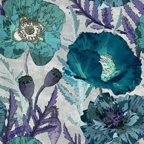 Turquoise poppies flowers on a gray background. Retro floral pattern.