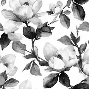 Watercolor Monochrome Magnolia Blooms, Minimalist Elegance