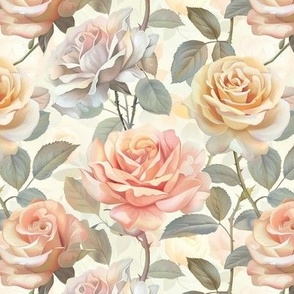 Watercolor Vintage Roses Garden, Soft Pastel Hues