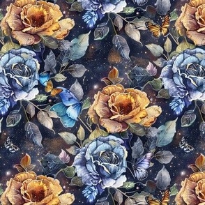Magical Watercolor, Space-Inspired Blue and Gold Roses