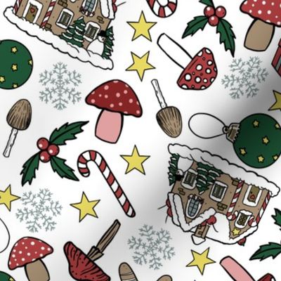 Christmas Mushrooms, Gingerbread Houses, Snowflakes, Candy Bars and Decorations, White Background