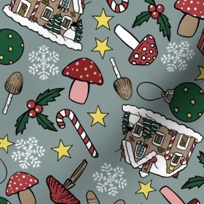 Christmas Mushrooms, Gingerbread Houses, Snowflakes, Candy Bars and Decorations, Gray Background