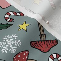 Christmas Mushrooms, Gingerbread Houses, Snowflakes, Candy Bars and Decorations, Gray Background