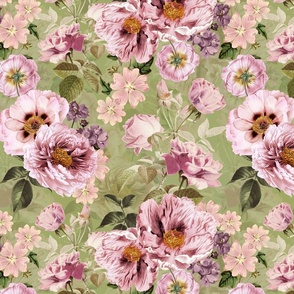 Vintage Summer Romanticism: Maximalism Moody Florals - Antiqued pink Peonies and Nostalgic Antique Botany Wallpaper and Victorian Goth Mystic inspired for powder room -  spring green