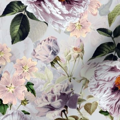 Vintage Summer Romanticism: Maximalism Moody Florals - Antiqued pink Peonies and Nostalgic Antique Botany Wallpaper and Victorian Goth Mystic inspired for powder room - light purple