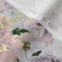 Vintage Summer Romanticism: Maximalism Moody Florals - Antiqued pink Peonies and Nostalgic Antique Botany Wallpaper and Victorian Goth Mystic inspired for powder room - light purple