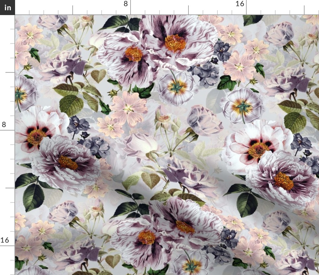 Vintage Summer Romanticism: Maximalism Moody Florals - Antiqued pink Peonies and Nostalgic Antique Botany Wallpaper and Victorian Goth Mystic inspired for powder room - light purple