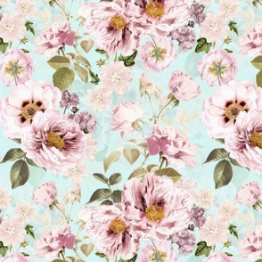 Vintage Summer Romanticism: Maximalism Moody Florals - Antiqued pink Peonies and Nostalgic Antique Botany Wallpaper and Victorian Goth Mystic inspired for powder room - pastel turquoise