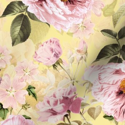 Vintage Summer Romanticism: Maximalism Moody Florals - Antiqued pink Peonies and Nostalgic Antique Botany Wallpaper and Victorian Goth Mystic inspired for powder room - pastel yellow