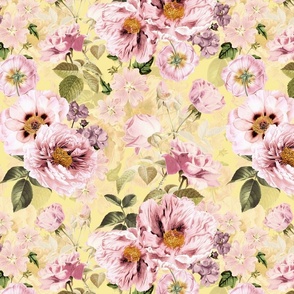 Vintage Summer Romanticism: Maximalism Moody Florals - Antiqued pink Peonies and Nostalgic Antique Botany Wallpaper and Victorian Goth Mystic inspired for powder room - pastel yellow