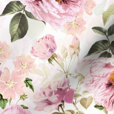 Vintage Summer Romanticism: Maximalism Moody Florals - Antiqued pink Peonies and Nostalgic Antique Botany Wallpaper and Victorian Goth Mystic inspired for powder room - soft white