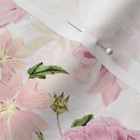 Vintage Summer Romanticism: Maximalism Moody Florals - Antiqued pink Peonies and Nostalgic Antique Botany Wallpaper and Victorian Goth Mystic inspired for powder room - soft white