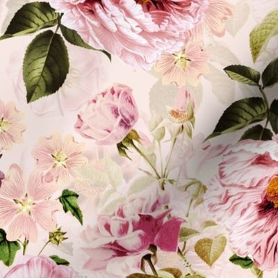 Vintage Summer Romanticism: Maximalism Moody Florals - Antiqued pink Peonies and Nostalgic Antique Botany Wallpaper and Victorian Goth Mystic inspired for powder room - warm blush 