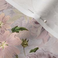 Vintage Summer Romanticism: Maximalism Moody Florals - Antiqued pink Peonies and Nostalgic Antique Botany Wallpaper and Victorian Goth Mystic inspired for powder room - purple