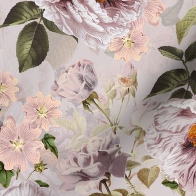 Vintage Summer Romanticism: Maximalism Moody Florals - Antiqued pink Peonies and Nostalgic Antique Botany Wallpaper and Victorian Goth Mystic inspired for powder room - purple