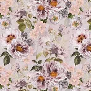 Vintage Summer Romanticism: Maximalism Moody Florals - Antiqued pink Peonies and Nostalgic Antique Botany Wallpaper and Victorian Goth Mystic inspired for powder room - purple