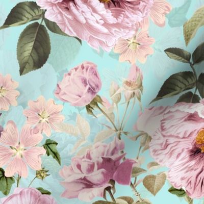 Vintage Summer Romanticism: Maximalism Moody Florals - Antiqued pink Peonies and Nostalgic Antique Botany Wallpaper and Victorian Goth Mystic inspired for powder room - turquoise