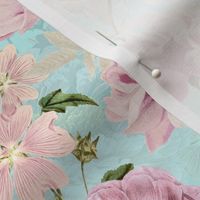 Vintage Summer Romanticism: Maximalism Moody Florals - Antiqued pink Peonies and Nostalgic Antique Botany Wallpaper and Victorian Goth Mystic inspired for powder room - turquoise