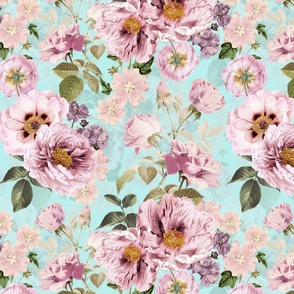 Vintage Summer Romanticism: Maximalism Moody Florals - Antiqued pink Peonies and Nostalgic Antique Botany Wallpaper and Victorian Goth Mystic inspired for powder room - turquoise