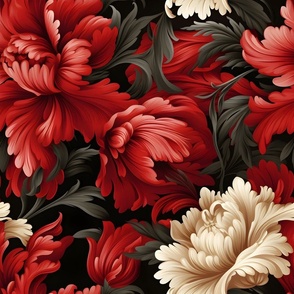 Red,damask flowers,vintage peony art,bold flowers 