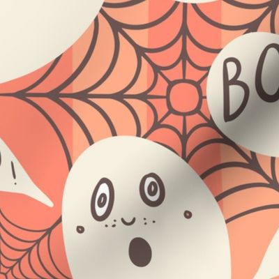 Whimsigothic-ghosts-with-boo-speech-bubbles-on-kitschy-soft-peach-orange-vertial-stripes-with-cobwebs-XL-jumbo