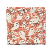 Whimsigothic-ghosts-with-boo-speech-bubbles-on-kitschy-soft-peach-orange-vertial-stripes-with-cobwebs-XL-jumbo