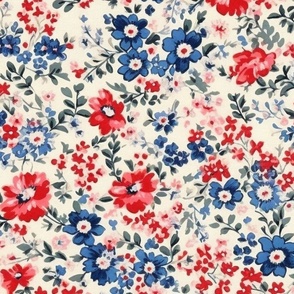 Blue and red flowers,roses,white background  ,shabby red white and blue