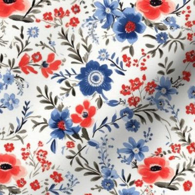 Blue and red flowers,roses,white background ,shabby red white and blue