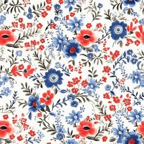 Blue and red flowers,roses,white background ,shabby red white and blue