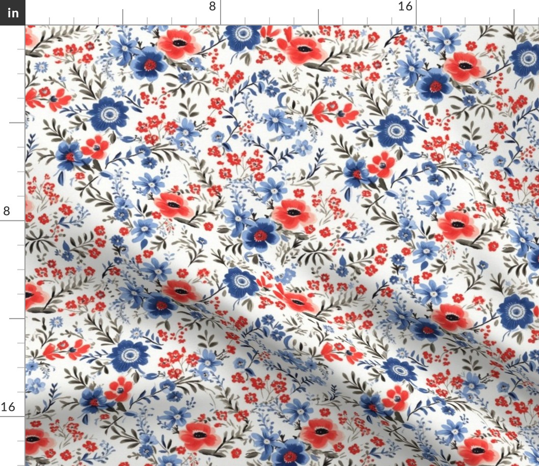 Blue and red flowers,roses,white background ,shabby red white and blue