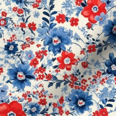 Blue and red flowers,roses,white background  ,shabby red white and blue 