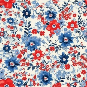 Blue and red flowers,roses,white background  ,shabby red white and blue 