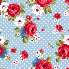 Blue and red flowers,roses,polka dots  ,shabby red white and blue 