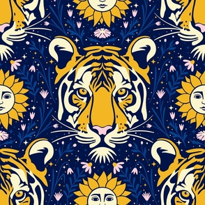 (L) Moody celestial tiger with flowers and stars for tweens, teenager and those young at heart, dark blue yellow