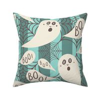 Whimsigothic-ghosts-with-boo-speech-bubbles-on-kitschy-soft-teal-baby-blue-vertial-stripes-with-cobwebs-XL-jumbo