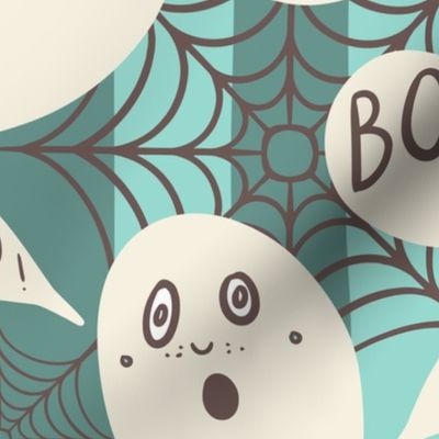 Whimsigothic-ghosts-with-boo-speech-bubbles-on-kitschy-soft-teal-baby-blue-vertial-stripes-with-cobwebs-XL-jumbo